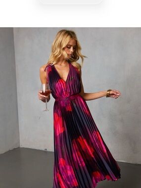 Vici Pleated Halter Vibrant Fuchsia Floral Pleated Maxi Dress